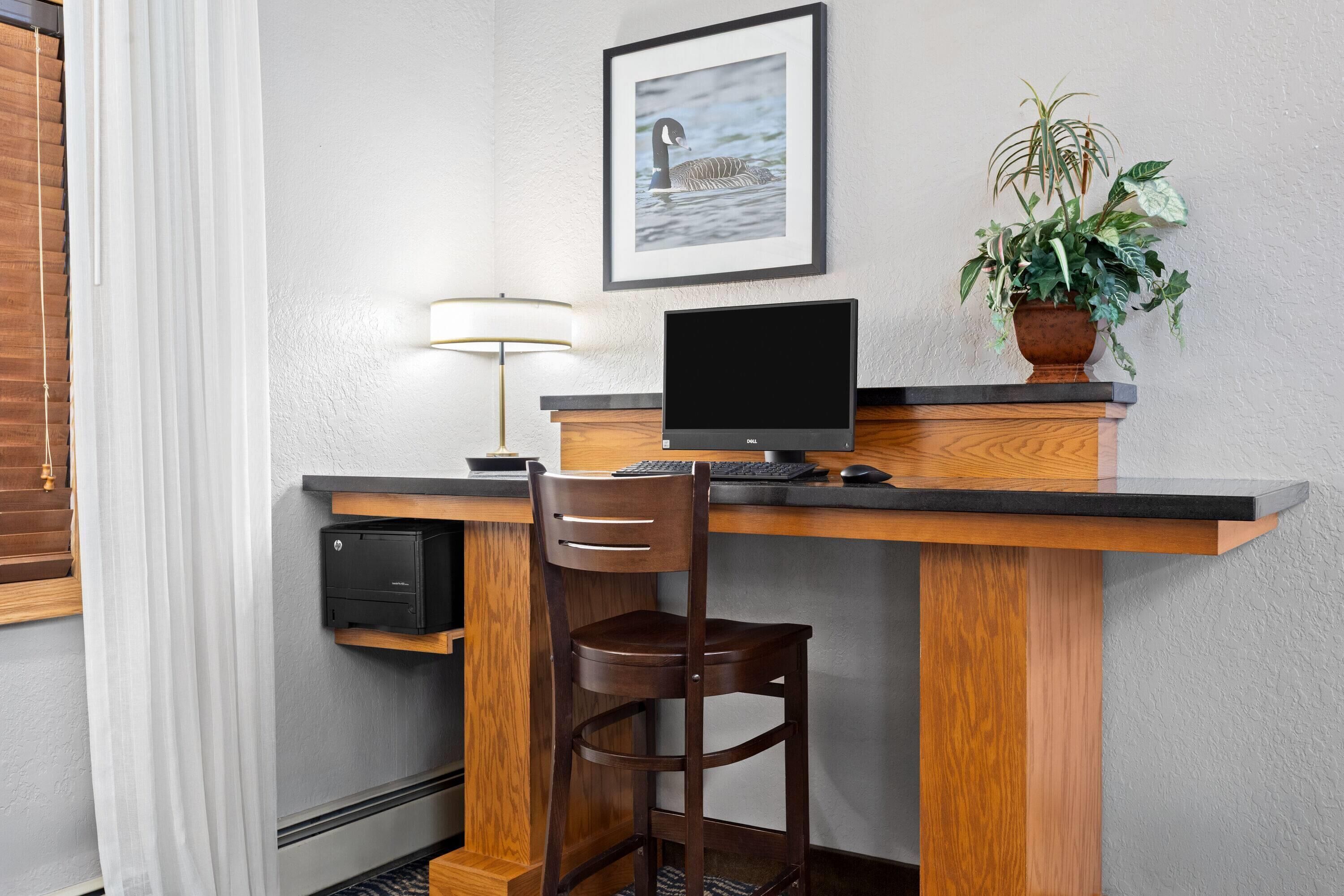 A hotel workspace with a desk, chair, computer, lamp, printer, and a potted plant.