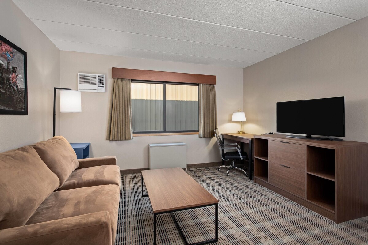 A hotel room with a sofa, a desk, a television, a lamp, and a radiator.