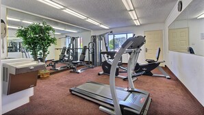 A gym with treadmills, weight machines, and a large mirror.