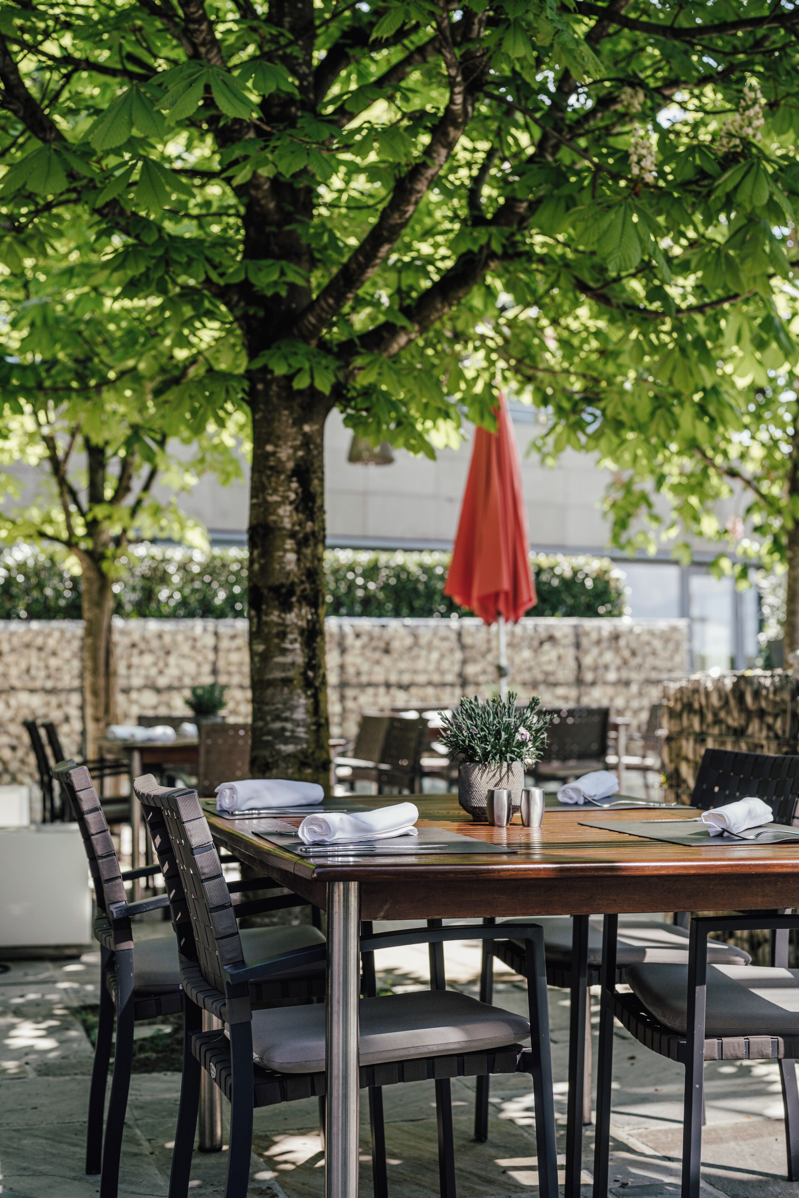 An outdoor dining area with a wooden table, metal chairs, and a red umbrella.