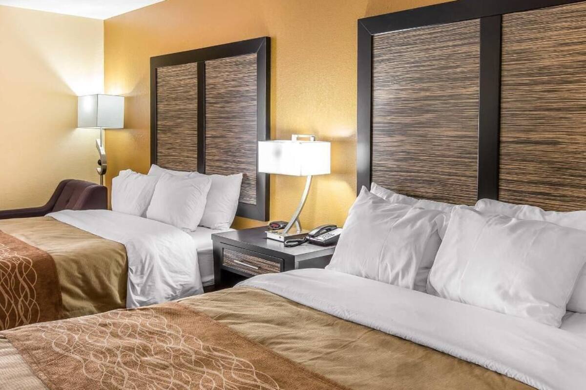 A hotel room with two beds, a nightstand with a lamp, and a headboard with a textured design.