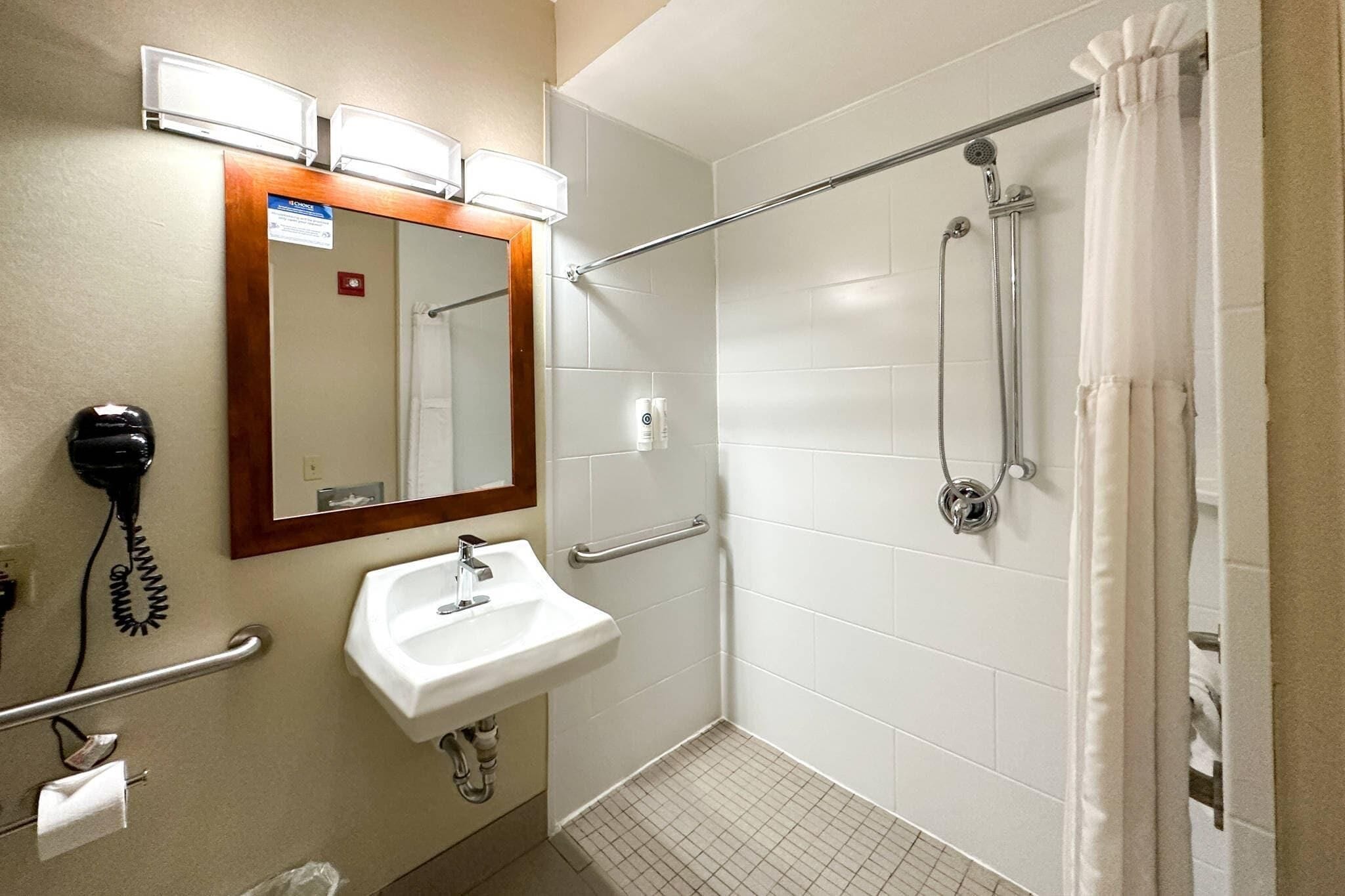 A bathroom with a white sink, mirror, and shower.