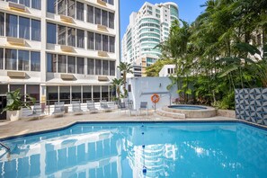 Outdoor pool, open 8:00 AM to 11:00 PM, sun loungers