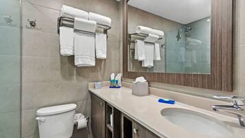 Un baño moderno con inodoro, lavabo y toalleros.