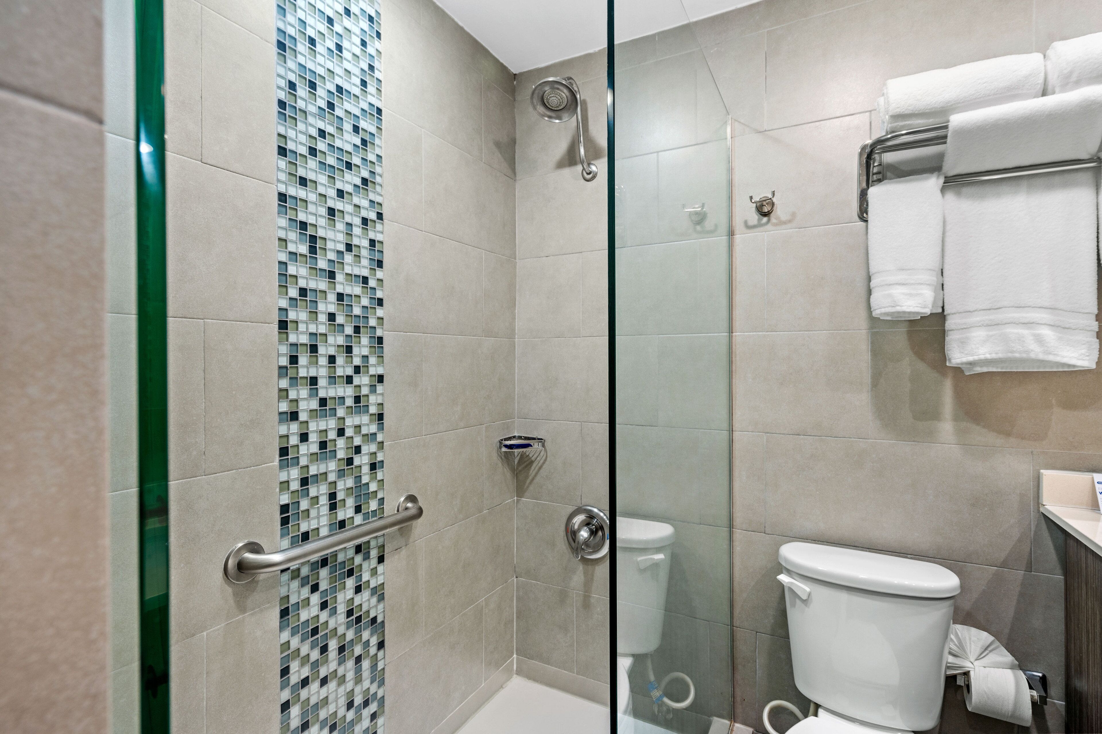 Un baño moderno con cabina de ducha de vidrio, un inodoro y un perchero para toallas.