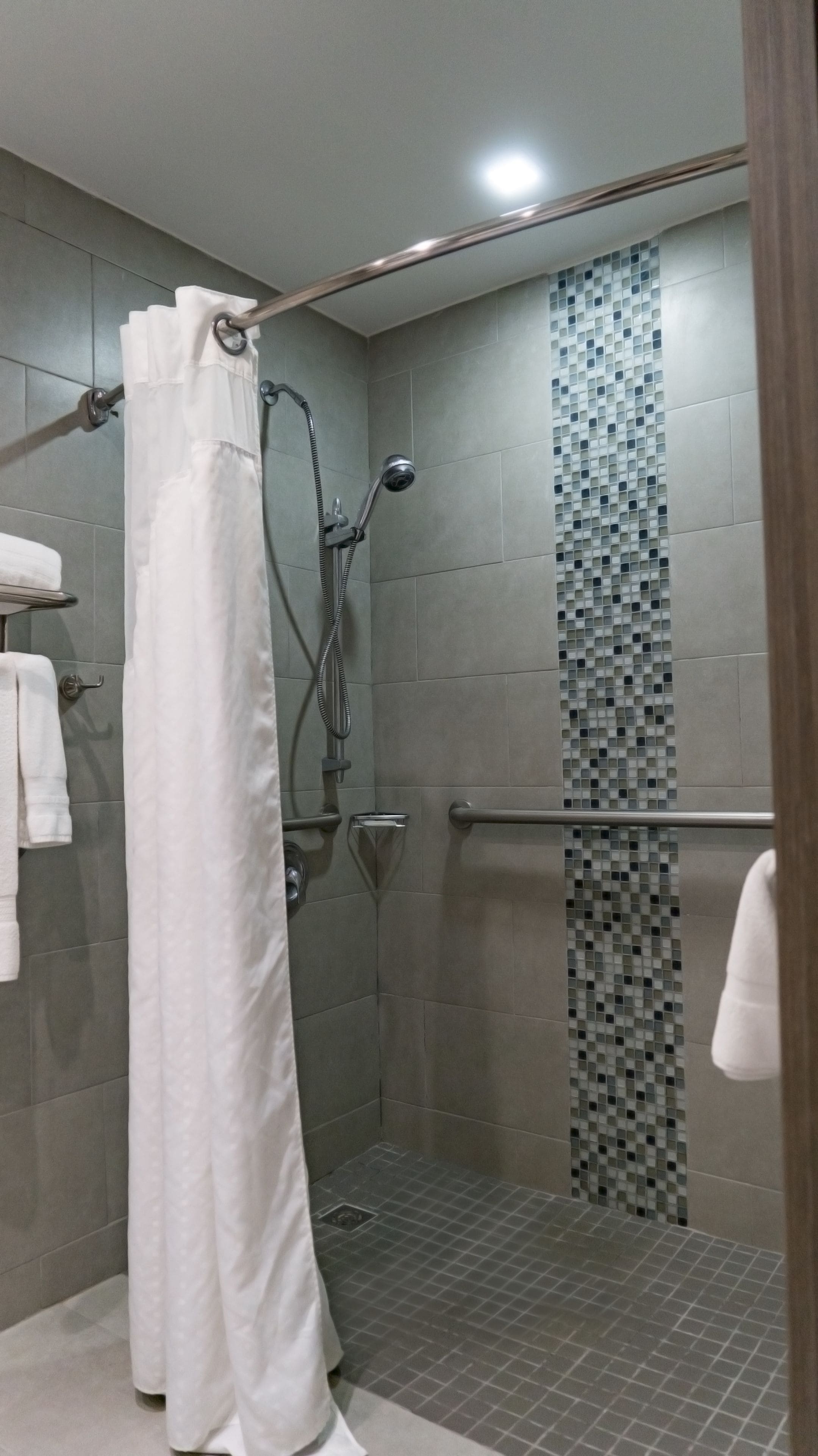 A modern shower area with a glass door, a tiled wall with a mosaic pattern, and a handrail.