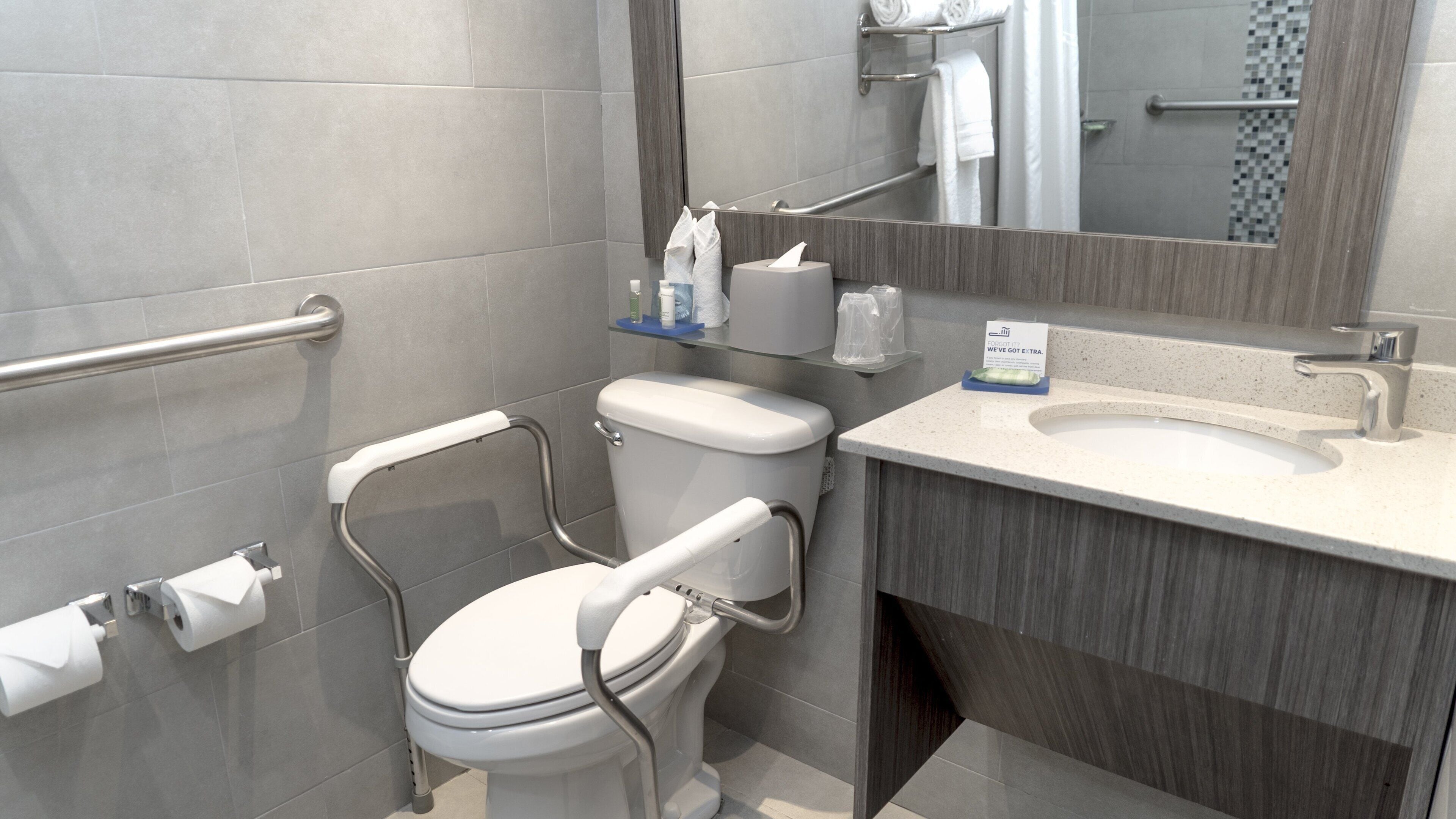 A modern bathroom with a white toilet, grab bars, a glass shelf with toiletries, and a sink with a mirror above it.