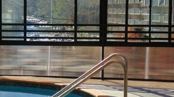 A pool with a metal ladder and a view of a river and buildings through a window.