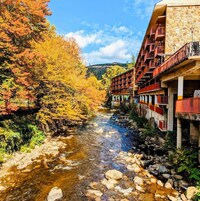 Un río serpentea por un bosque de árboles otoñales, un edificio de piedra con balcones y un cielo azul despejado.