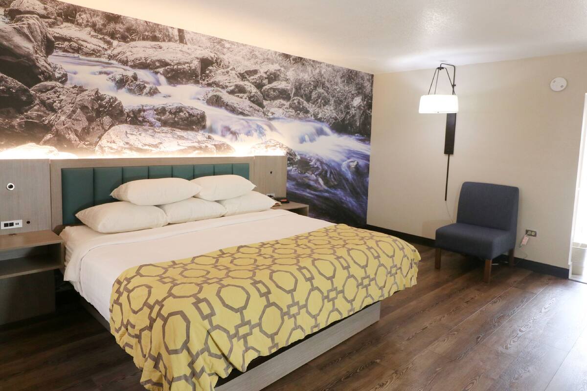 Une chambre d’hôtel avec un lit, une chaise, une lampe fixée au mur et une grande fresque représentant une cascade.