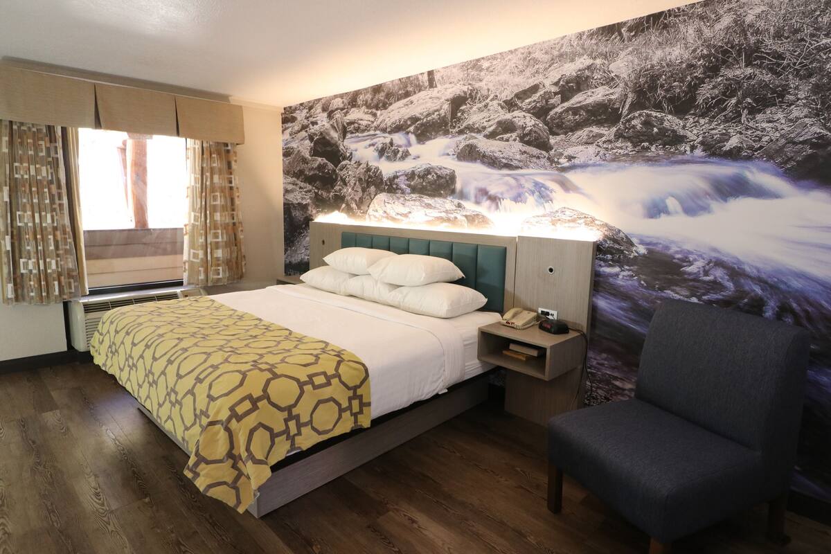 Une chambre d’hôtel avec un lit, une chaise, une table de chevet et une fresque murale représentant une rivière.