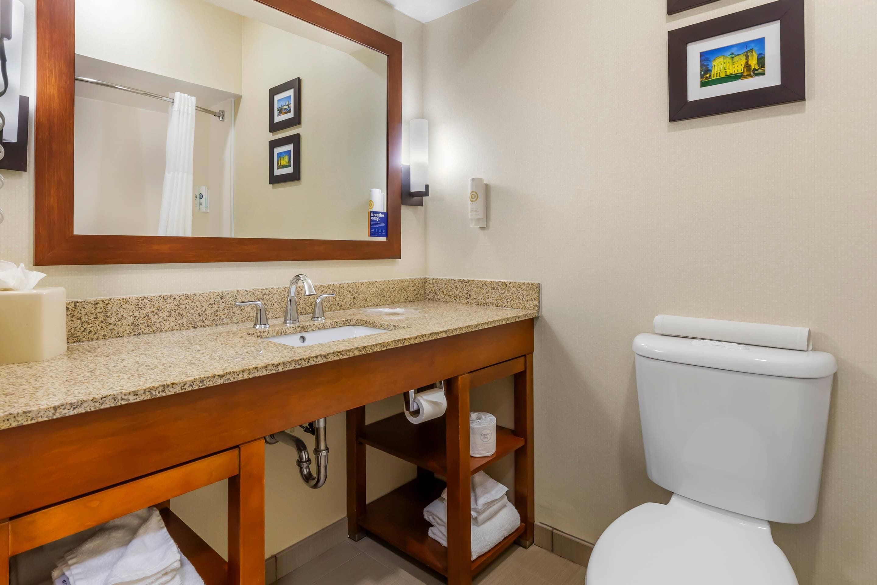 A bathroom with a wooden vanity, sink, and toilet. There is a mirror above the sink, and a framed picture on the wall.