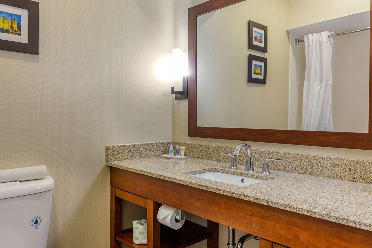 A bathroom with a granite countertop sink, a mirror, a towel rack, and a toilet.