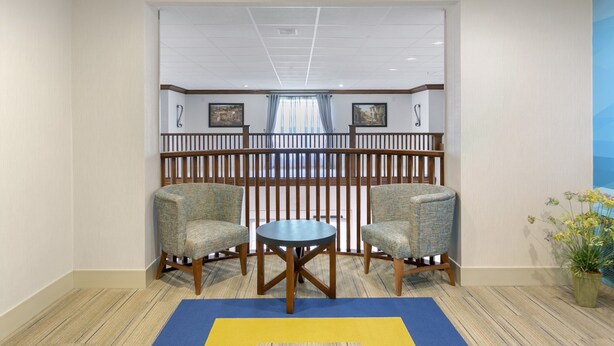A hotel room with two upholstered chairs, a small round table, a blue and yellow area rug, and a potted plant.