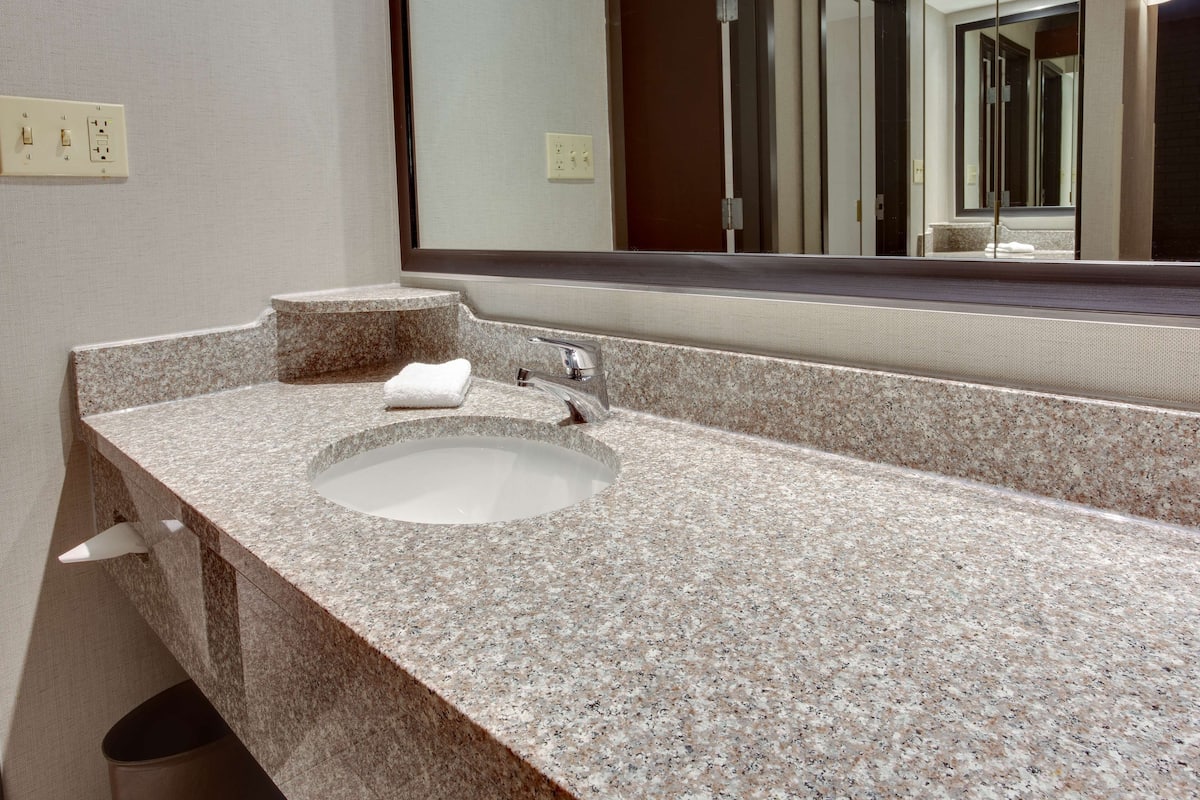 combined shower/bathtub, free toiletries, hair dryer, towels