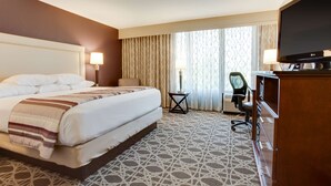 Habitación de hotel con una cama grande, televisión, escritorio con silla y alfombra estampada.