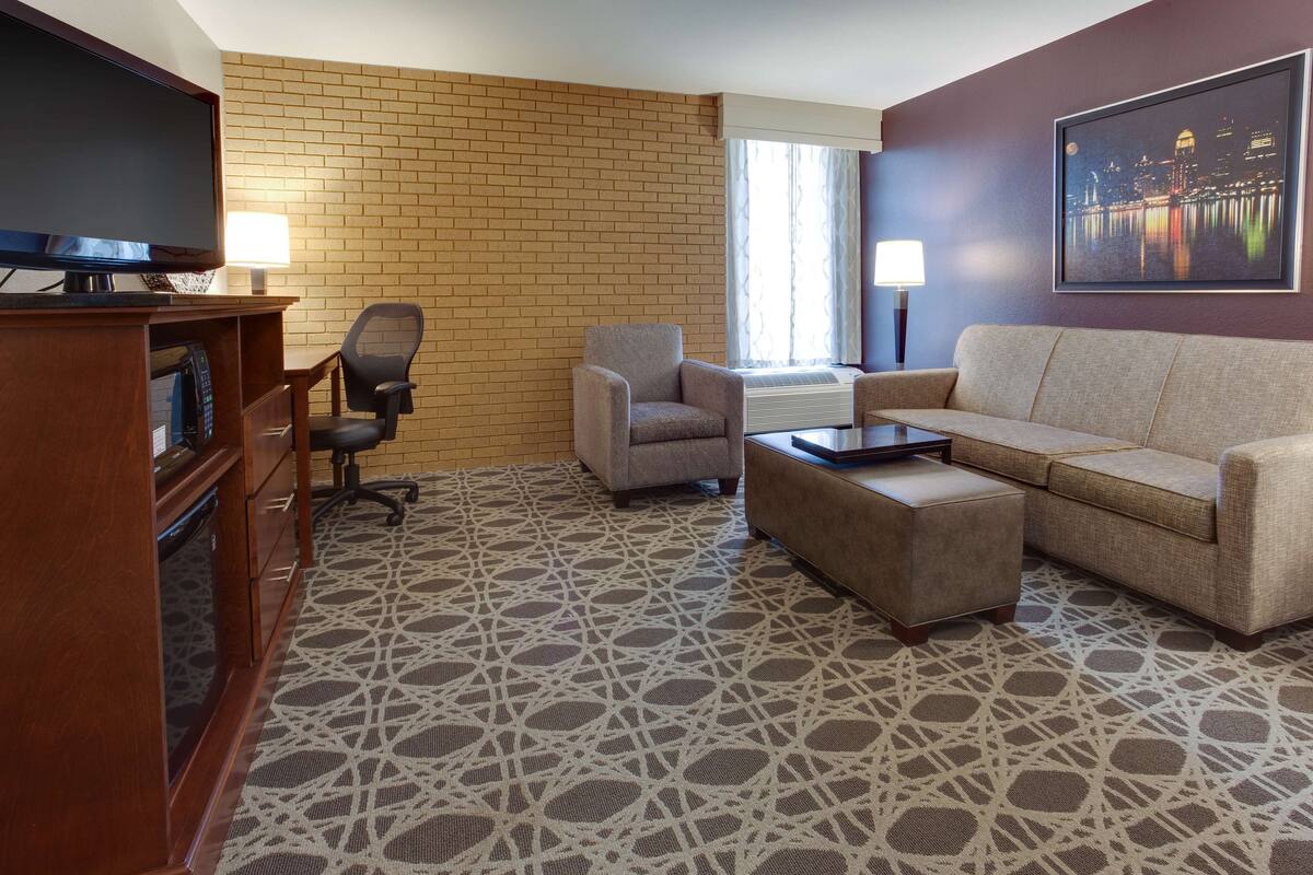 Habitación de hotel con pared de ladrillo, un televisor de pantalla plana grande, un sofá, una silla, una mesa de centro y una fotografía enmarcada de un paisaje urbano.