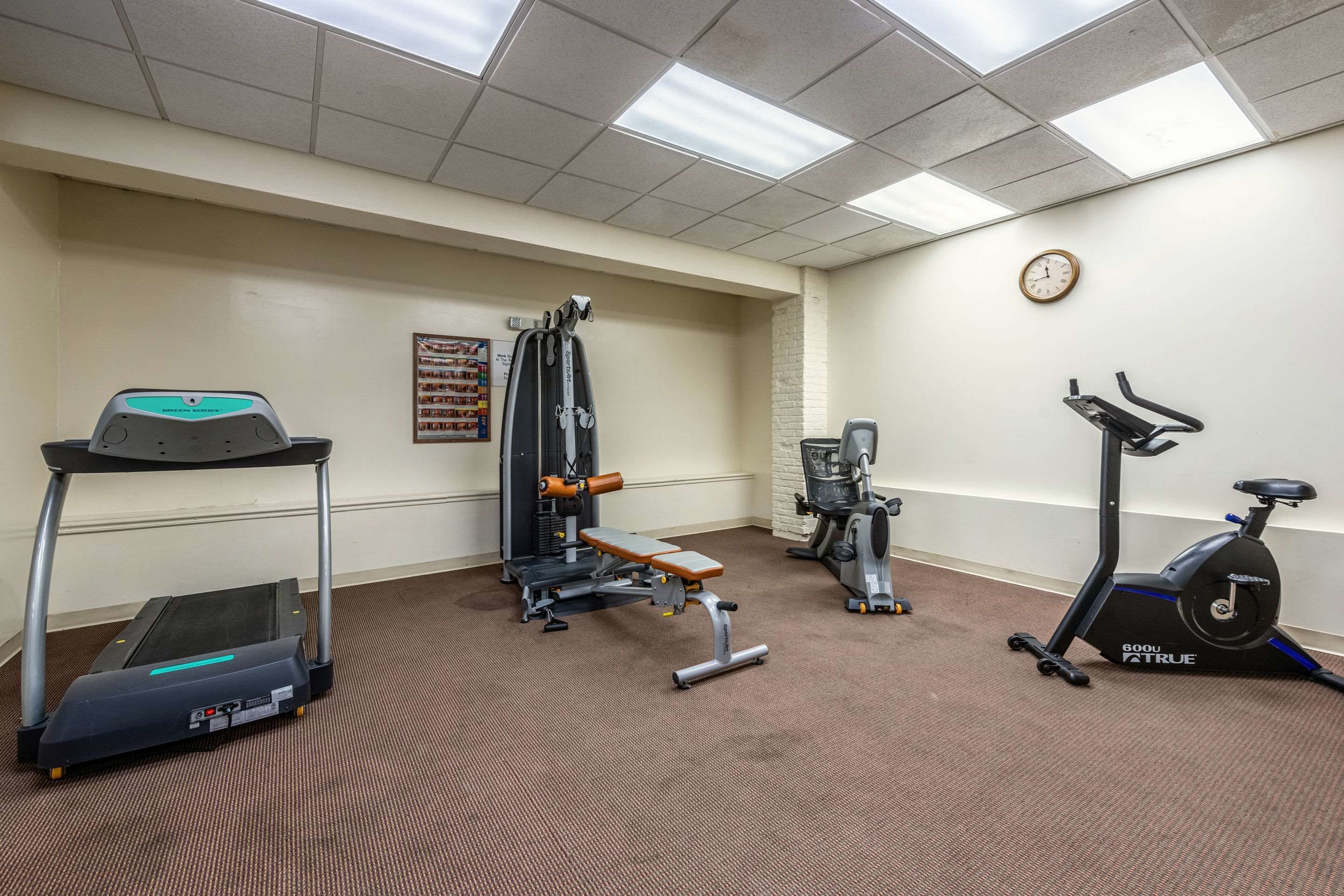 Une salle de sport équipée d’un tapis de course, d’une machine de musculation et d’un vélo d’appartement.