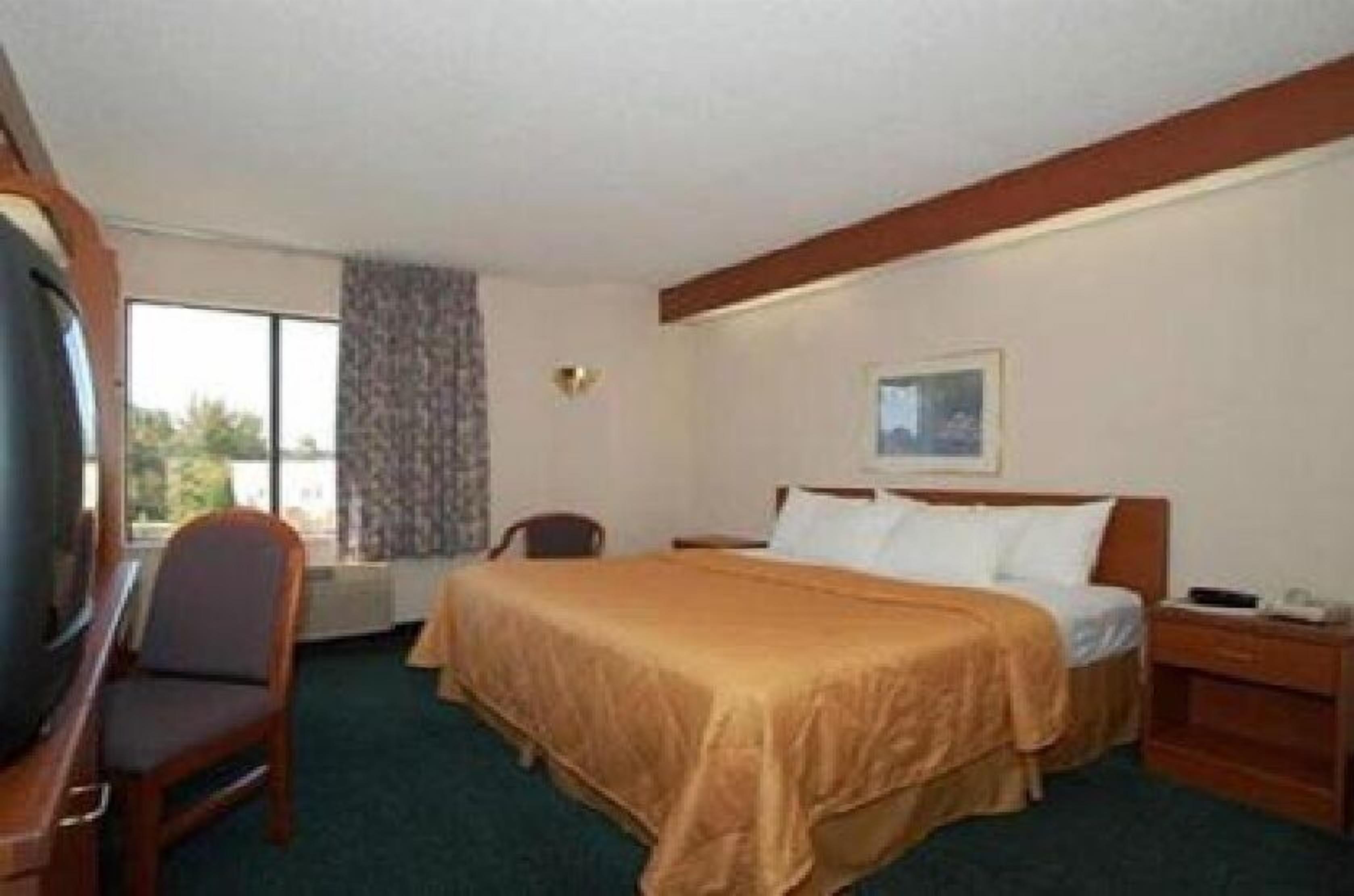 A hotel room with a bed, a chair, a desk, a television, and a window.