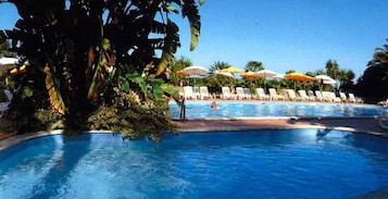 Seasonal outdoor pool, open 9:00 AM to 6:00 PM, pool umbrellas