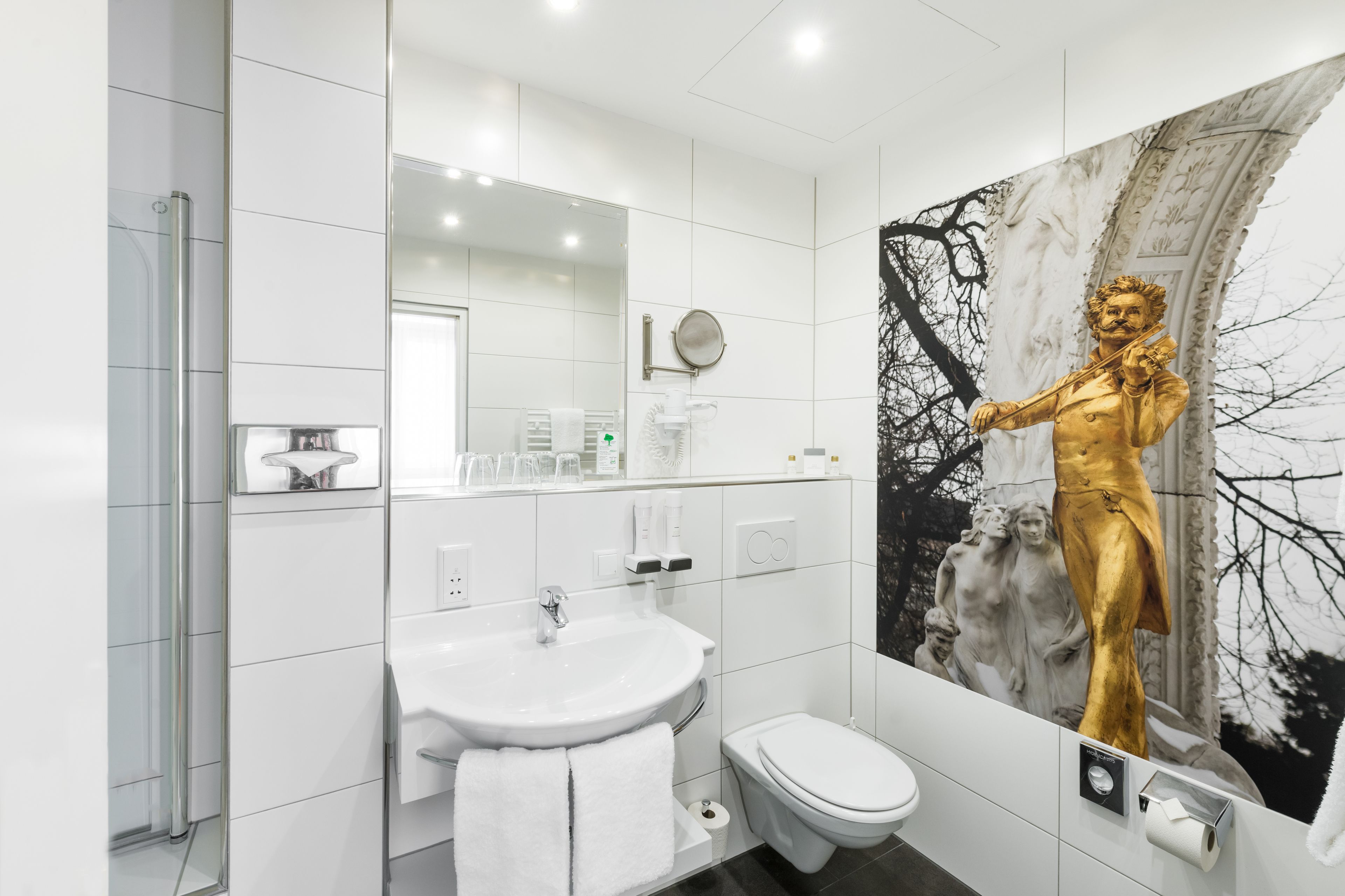 combined shower/bathtub, free toiletries, hair dryer, towels