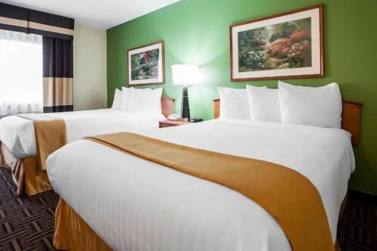 A hotel room with two beds, a green wall, and two framed pictures.