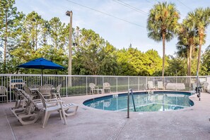 A swimming pool with lounge chairs and a blue umbrella, surrounded by a fence and palm trees.