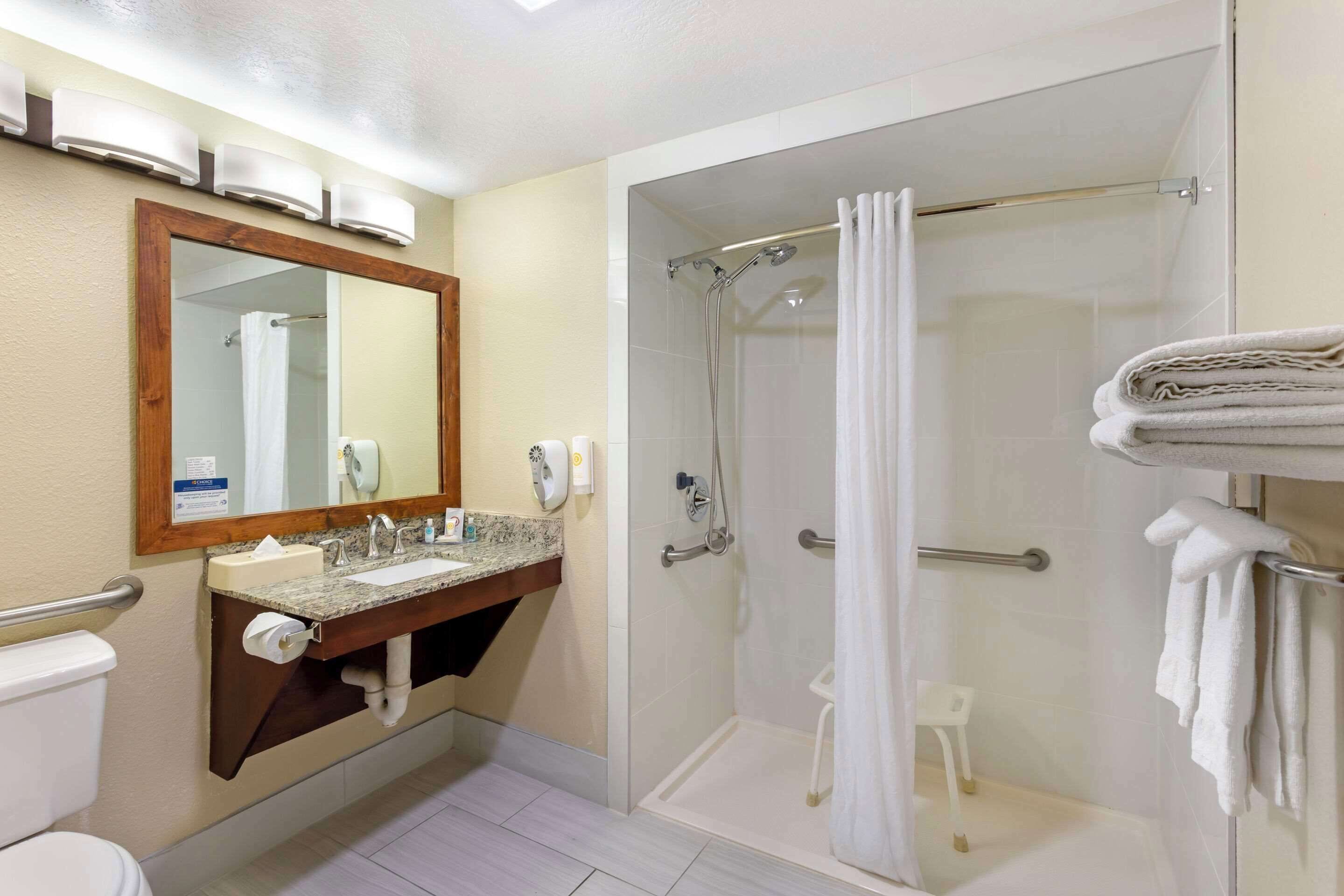 A bathroom with a sink, mirror, toilet, and walk-in shower.