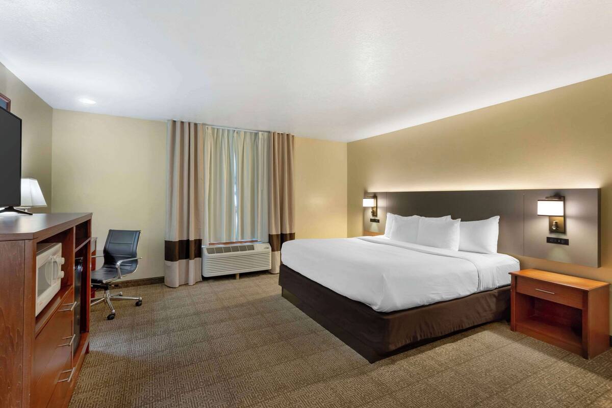 Une chambre d’hôtel avec un grand lit, des tables de chevet, un bureau avec une chaise, une lampe de bureau, un téléviseur fixé au mur et une fenêtre avec des rideaux.