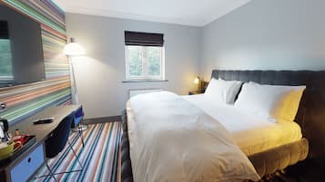 Desk, laptop workspace, blackout curtains, iron/ironing board