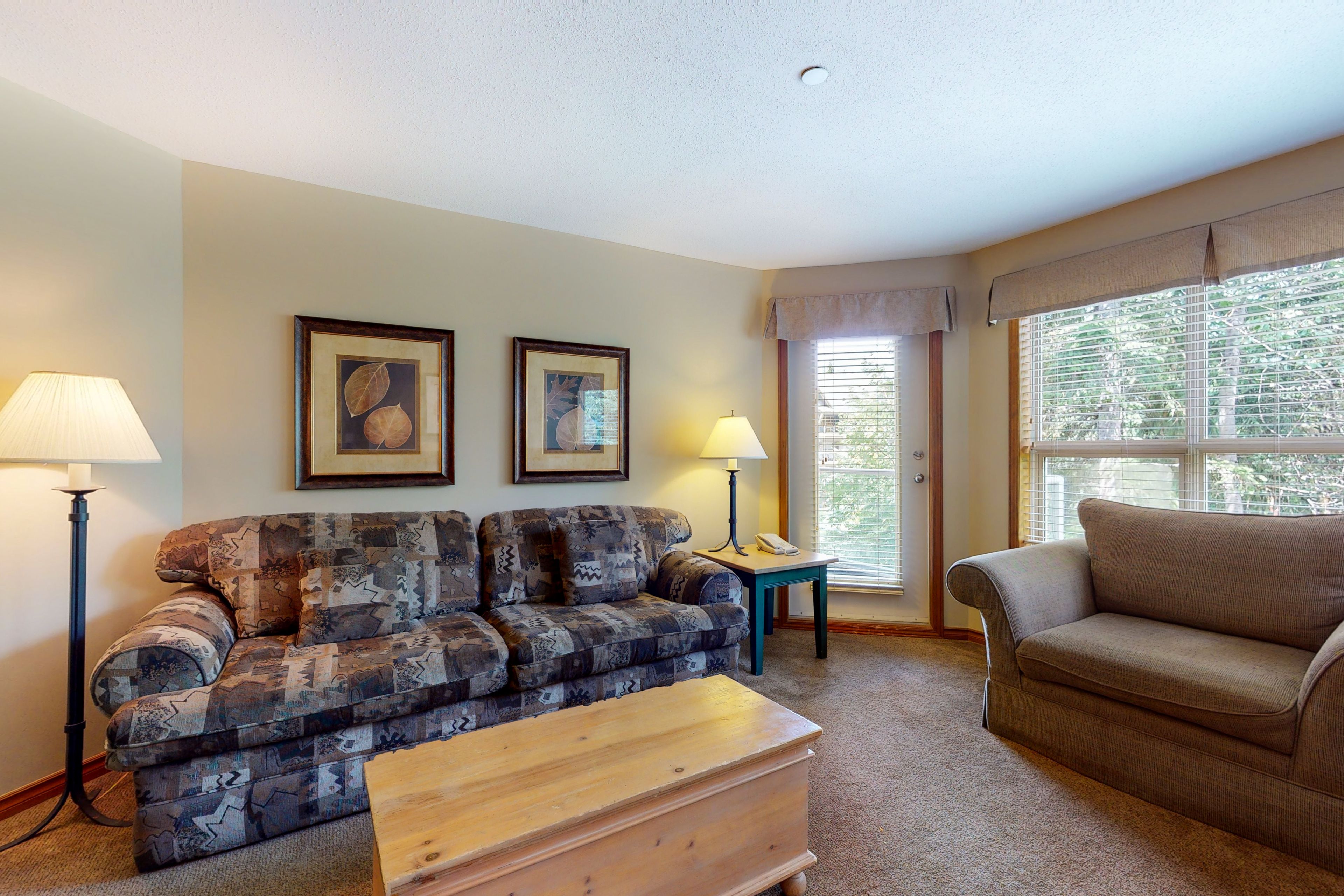 A living room with a patterned sofa, a plain sofa, a wooden coffee table, and two lamps.