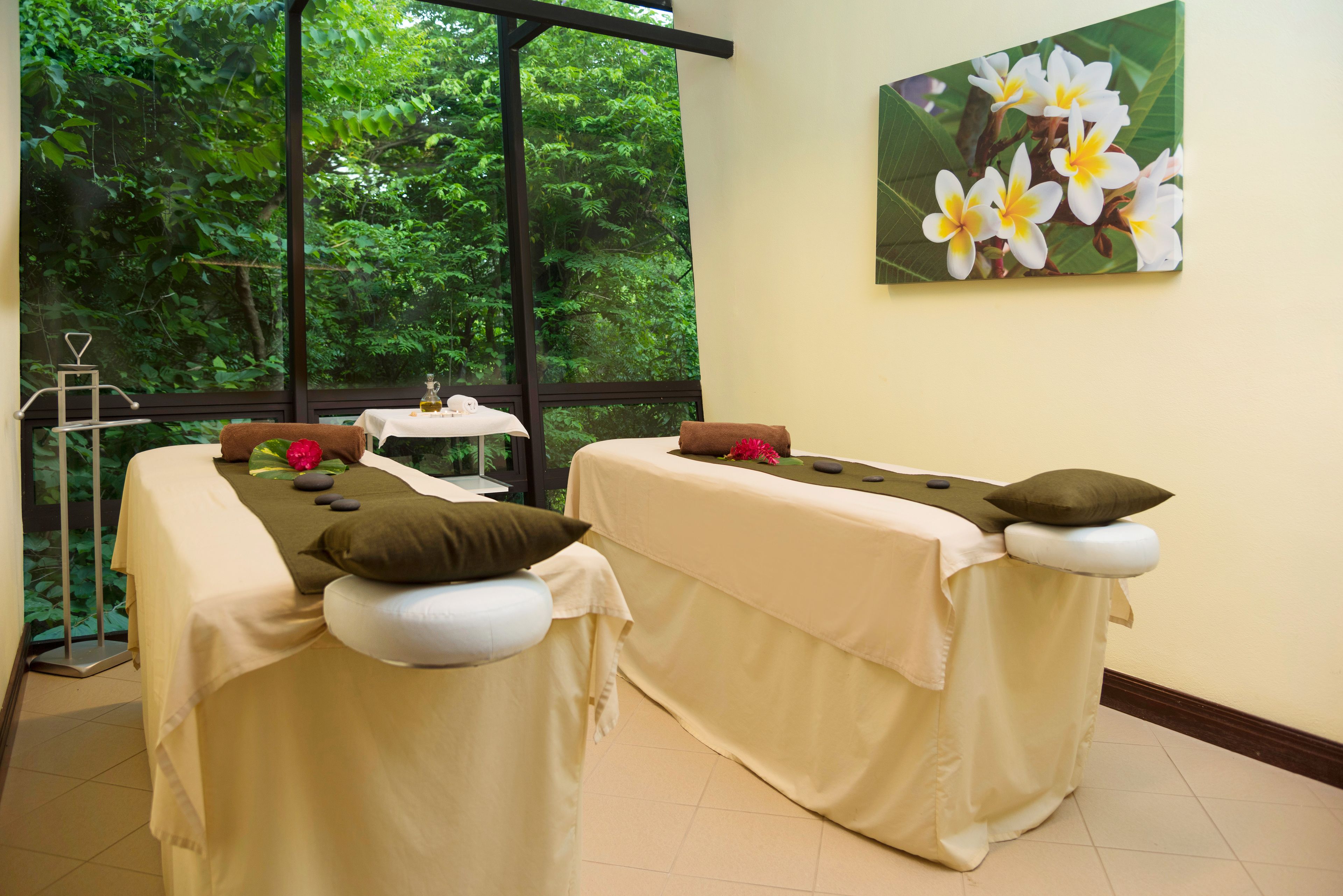 Un cuarto de spa con dos camillas de masaje, un ventanal con vistas a la vegetación y un cuadro de flores en la pared.