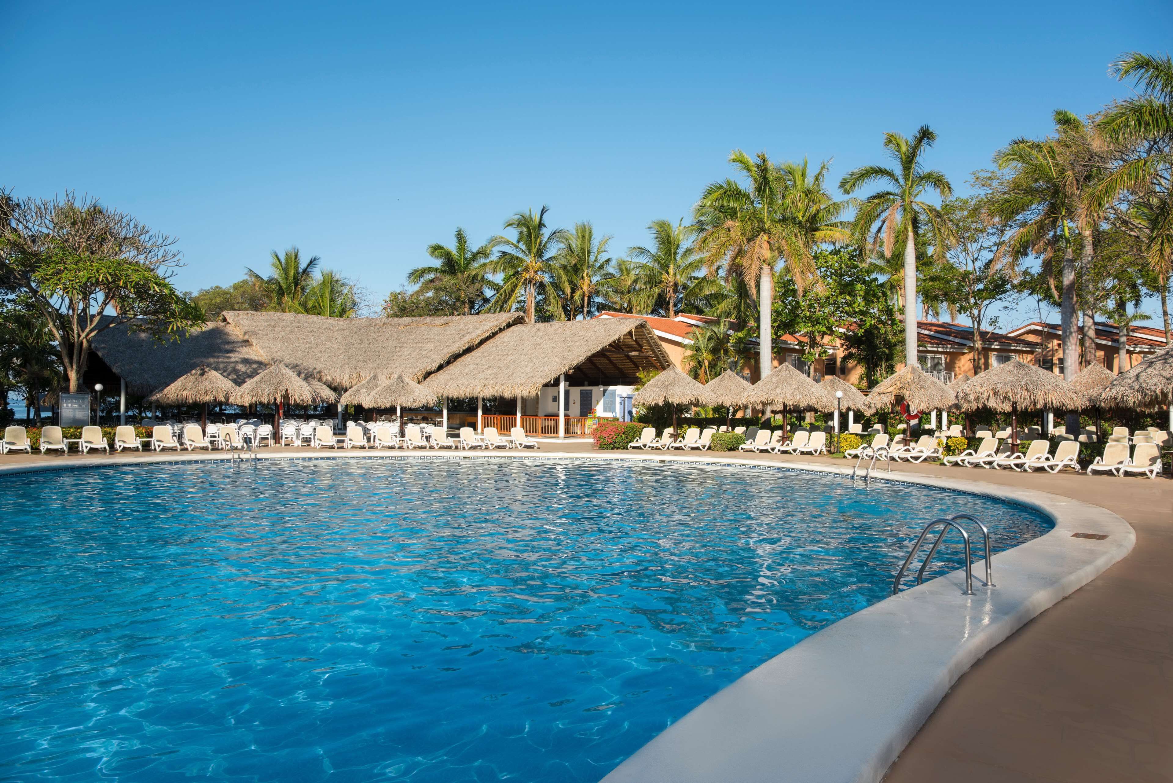 A swimming pool with lounge chairs and thatched-roof structures.