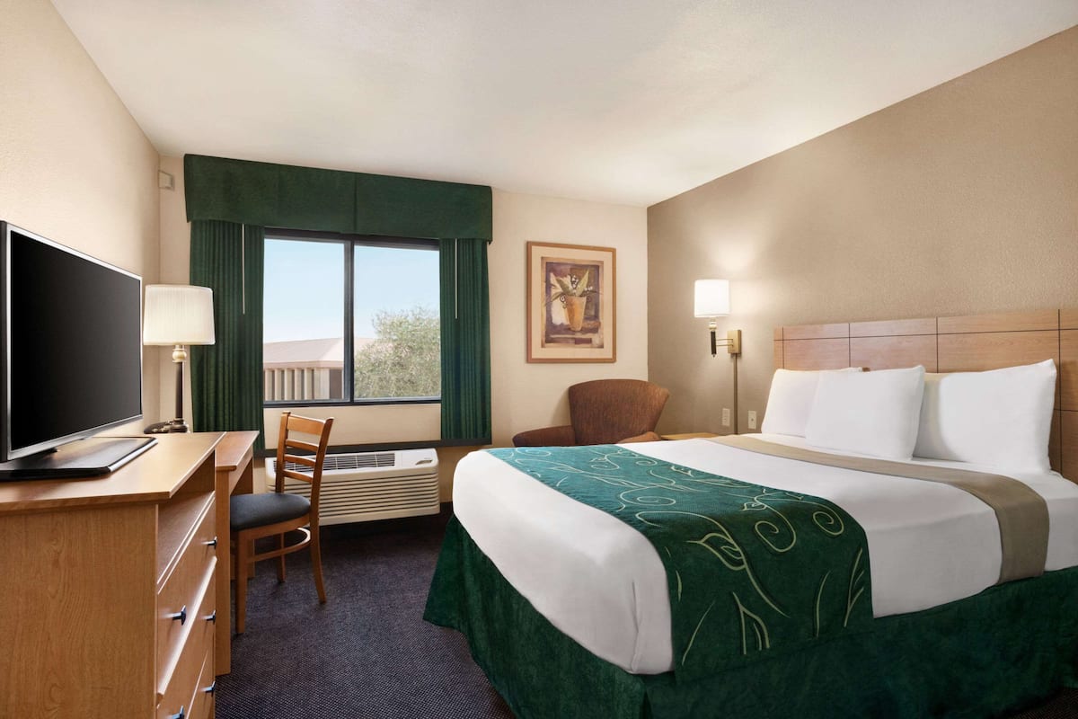 A hotel room with a bed, a desk with a TV, a chair, a window with curtains, and a painting on the wall.