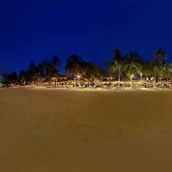 Relax on the beach with sun loungers and umbrellas, surrounded by palm trees and offering ocean views.