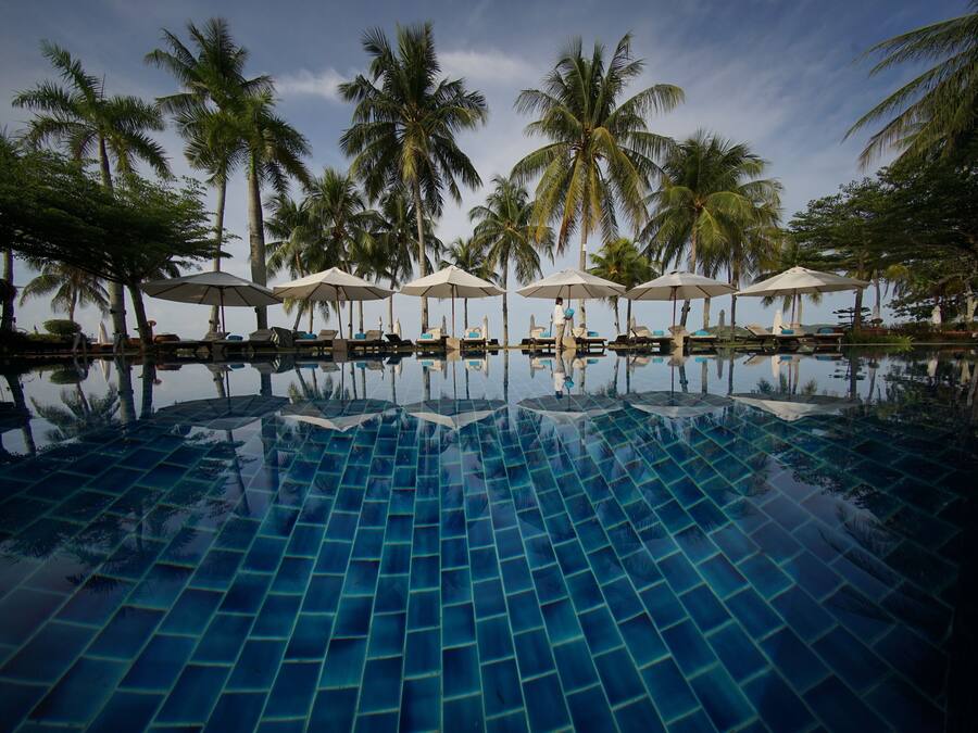 Outdoor pool, pool umbrellas, sun loungers