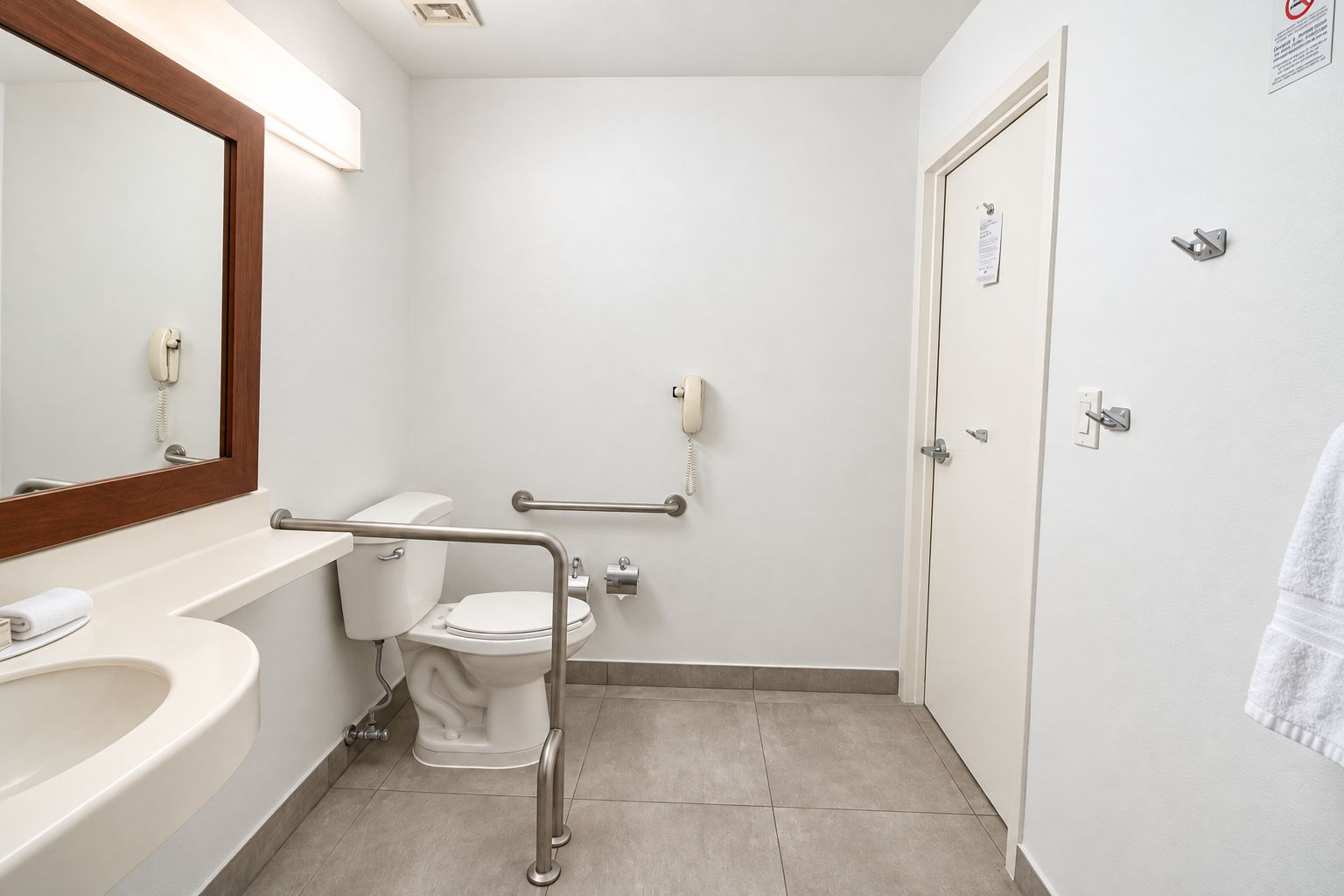 Ein Badezimmer mit Toilette, Waschbecken, Spiegel und Handtuchhalter.