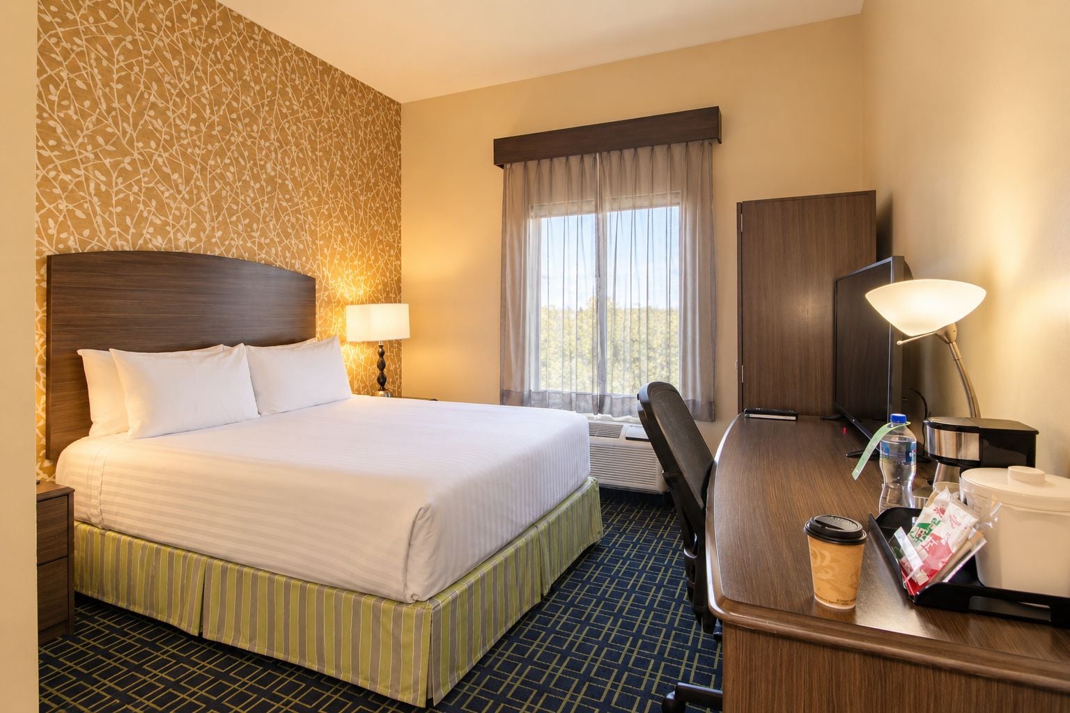 A hotel room with a bed, a desk, a chair, a television, and a window with curtains.