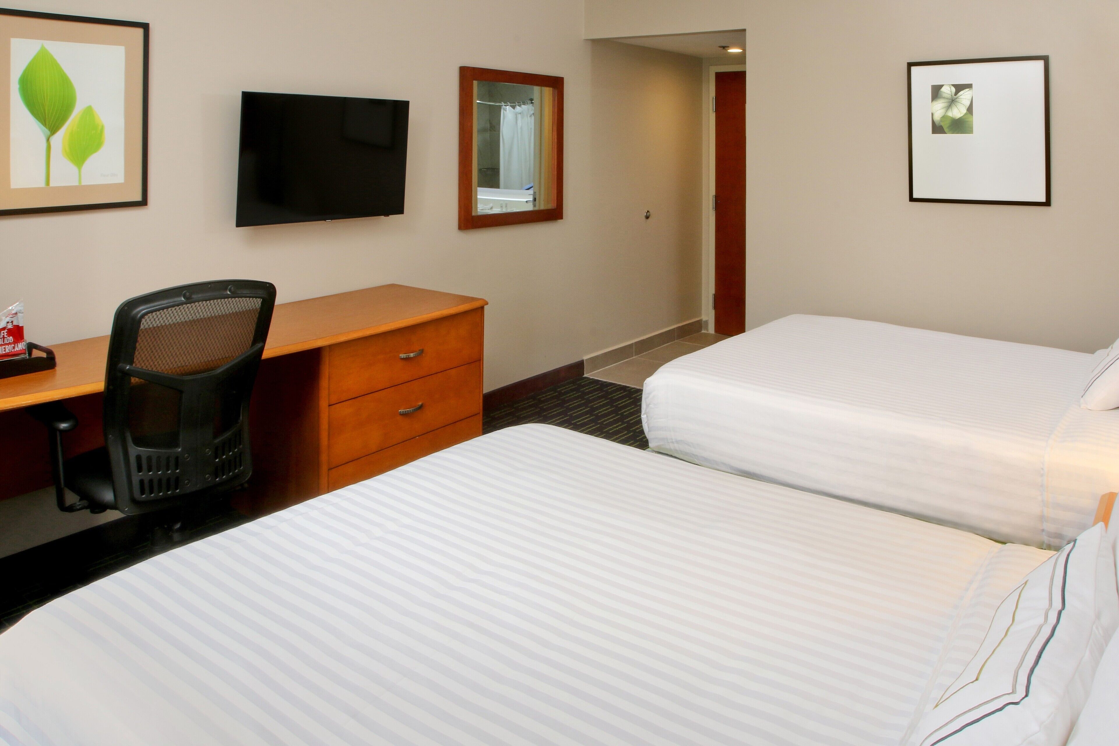 A hotel room with two beds, a desk with a chair, a TV, and a mirror.