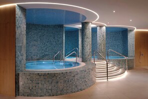 Indoor pool, outdoor pool, pool umbrellas, sun loungers