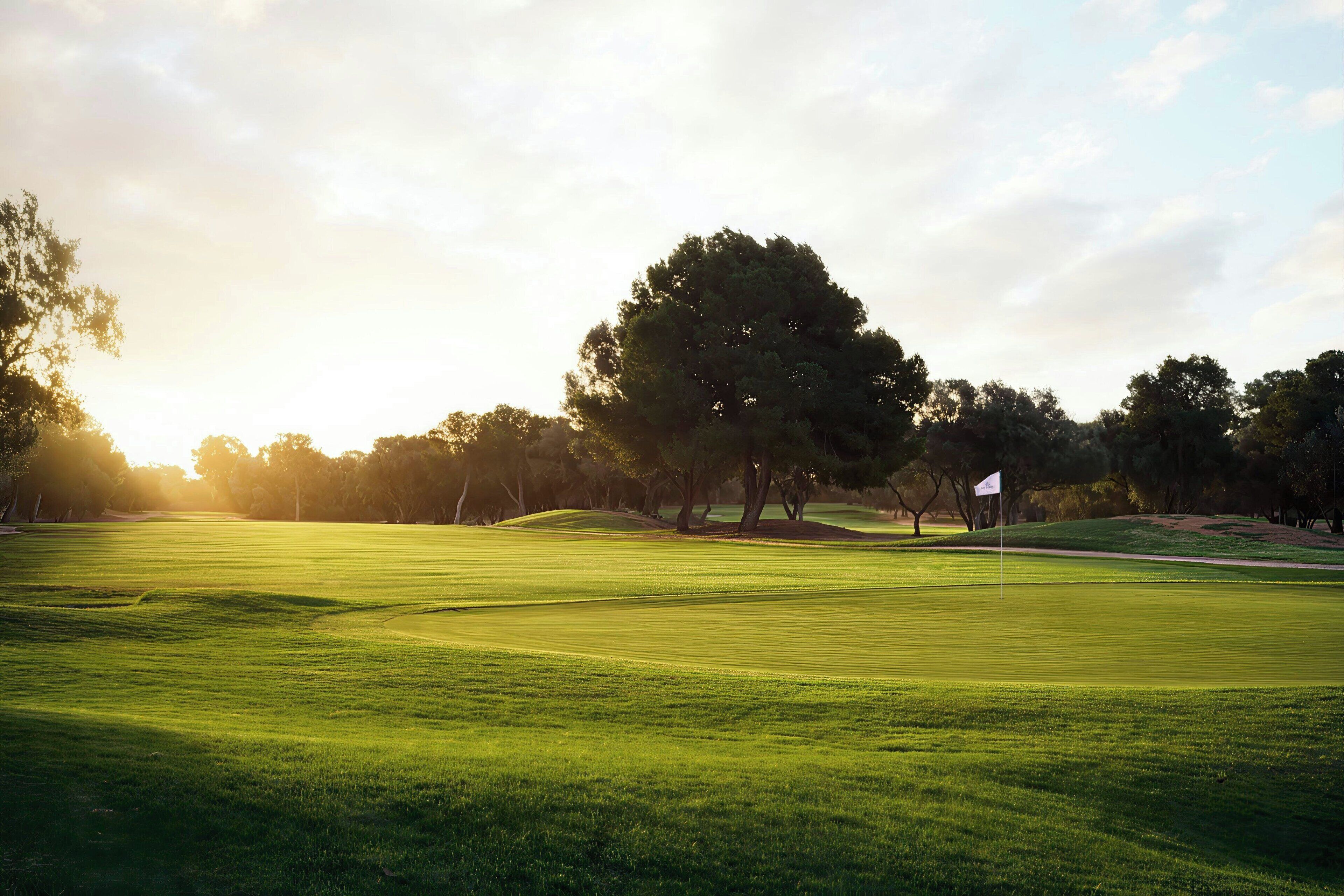 A golf course with a flag on a flagstick, surrounded by trees and a clear sky.