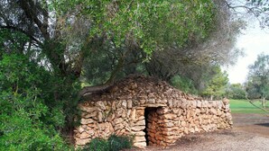 Une construction en pierre dotée d’une porte ouverte, entourée d’une végétation luxuriante et bordée d’un chemin de gravier.