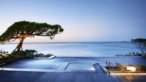 Una piscina infinita tranquila con vista al océano, rodeada de rocas y un árbol bonsái.