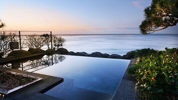 A infinity pool with a view of the ocean at sunset.