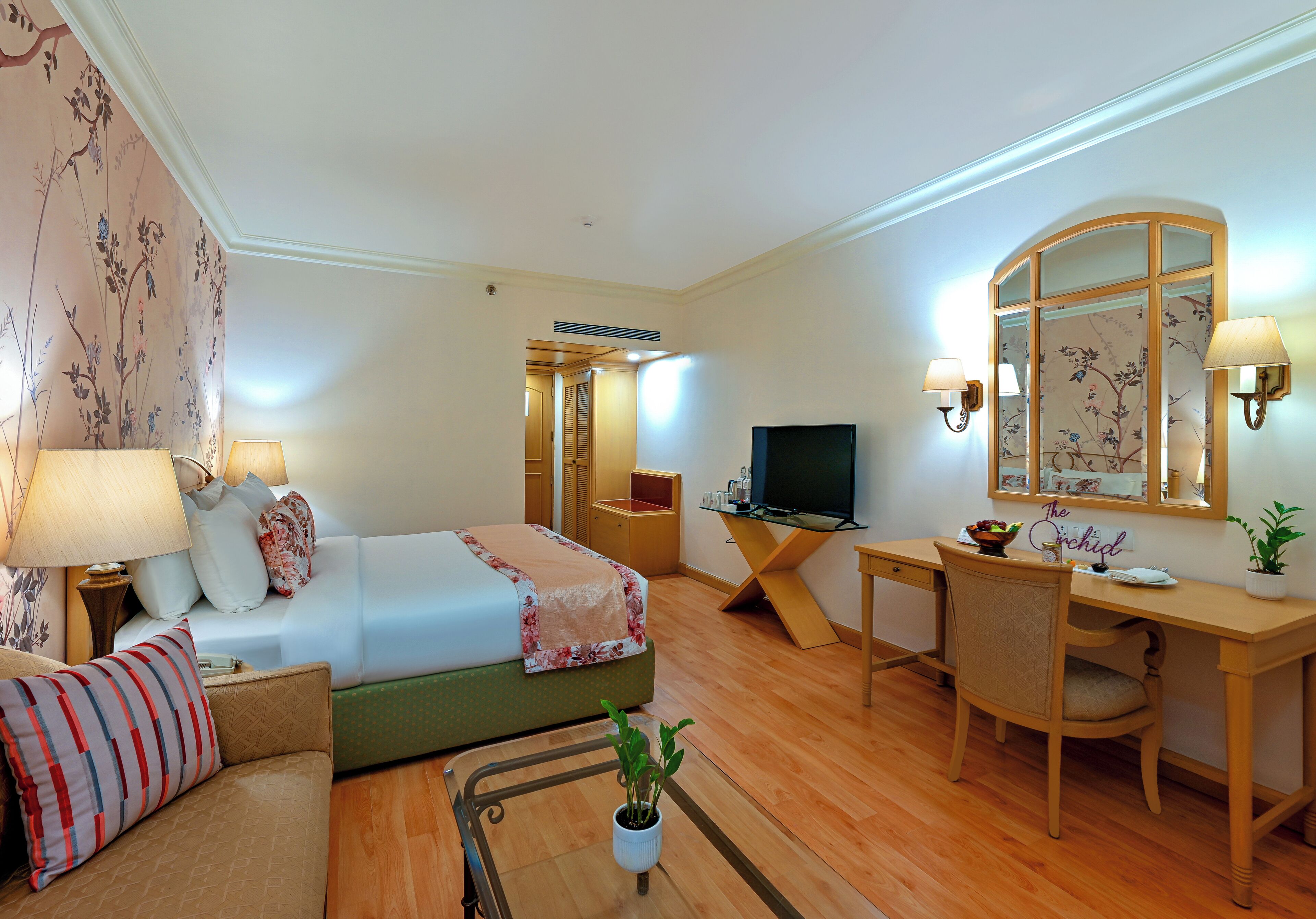 A hotel room with a bed, a desk, a chair, a TV, and a small table with a plant.