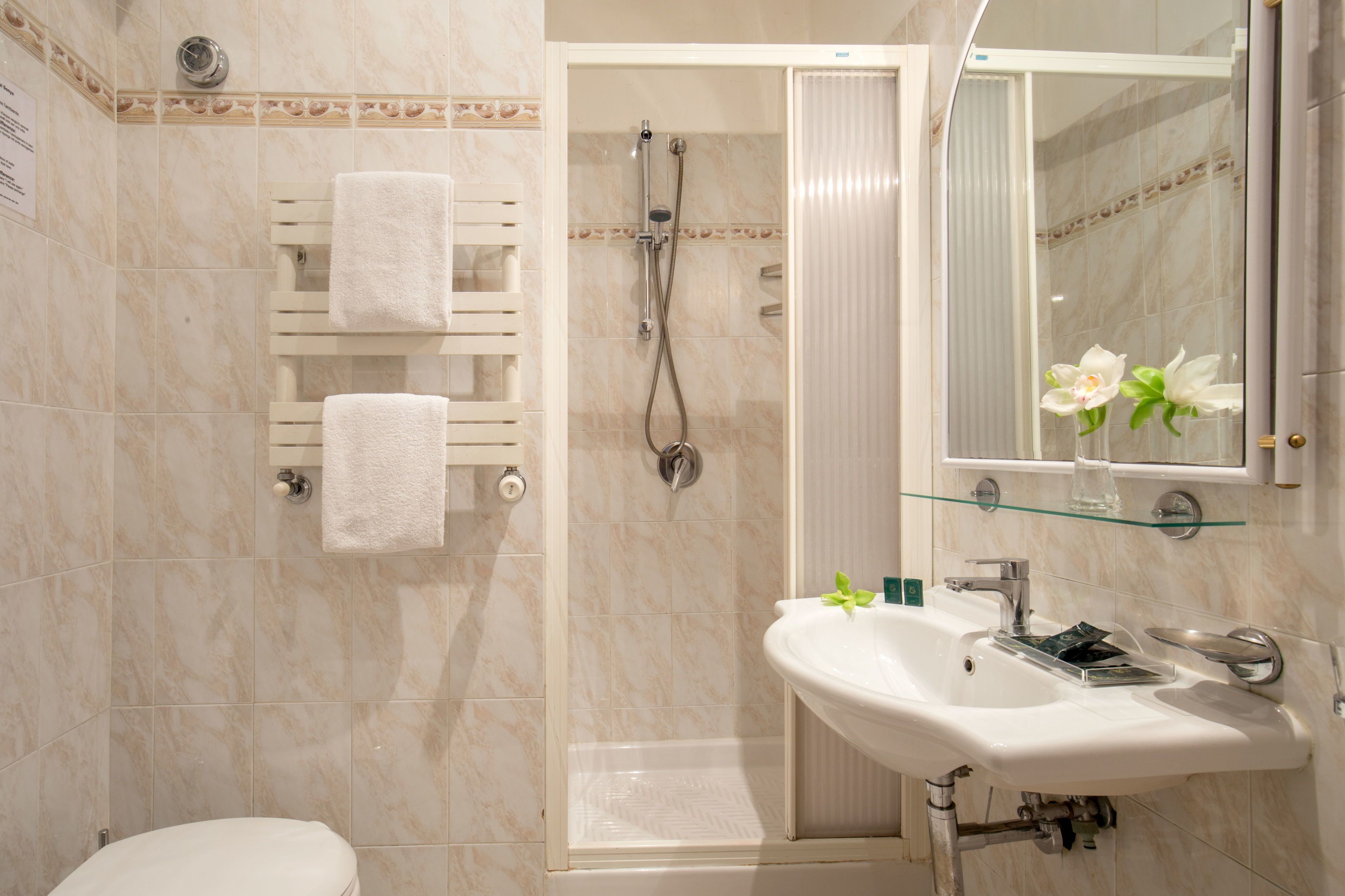 shower, rainfall showerhead, free toiletries, hair dryer