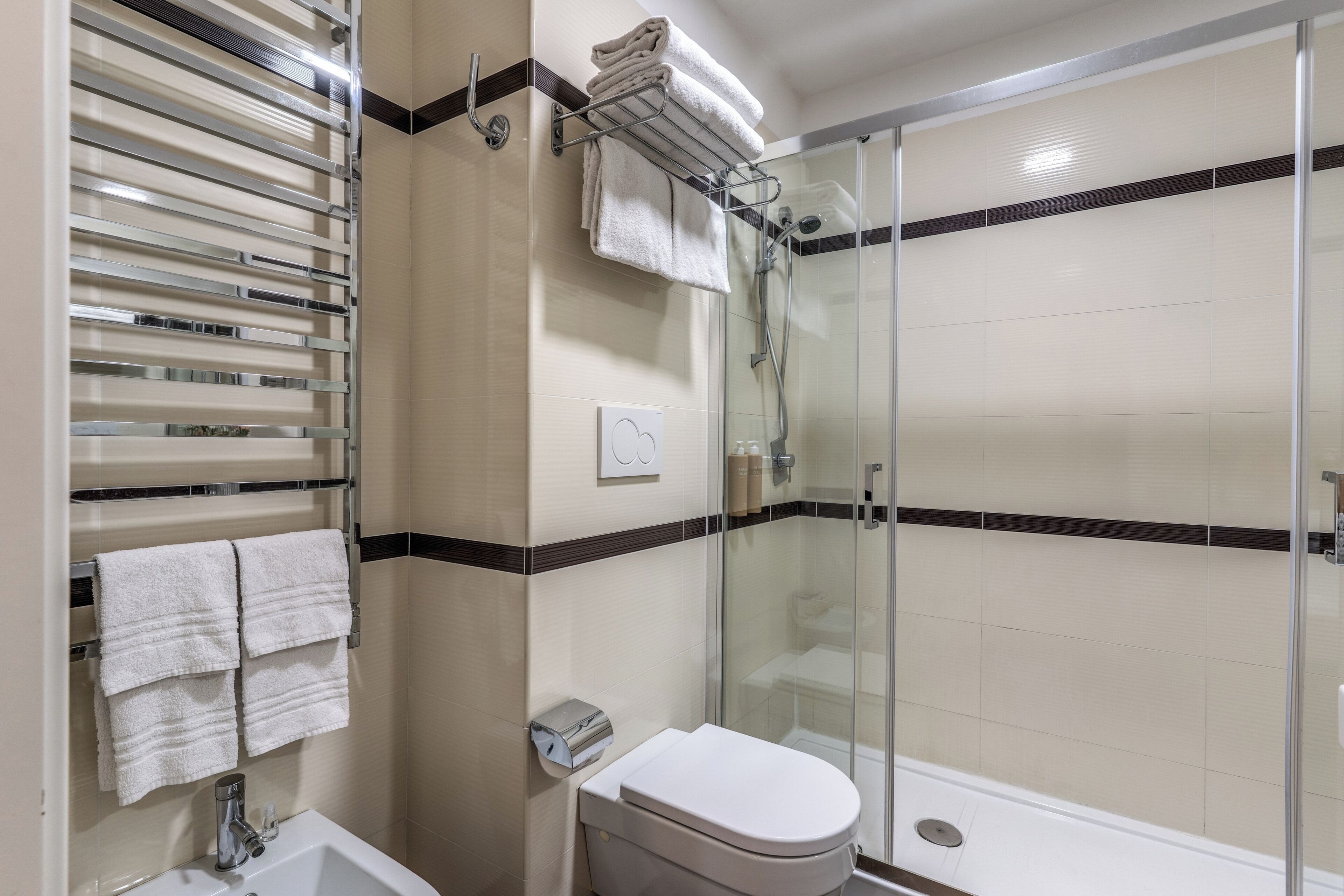 A bathroom with a glass shower enclosure, a toilet, and a towel rack with folded towels.