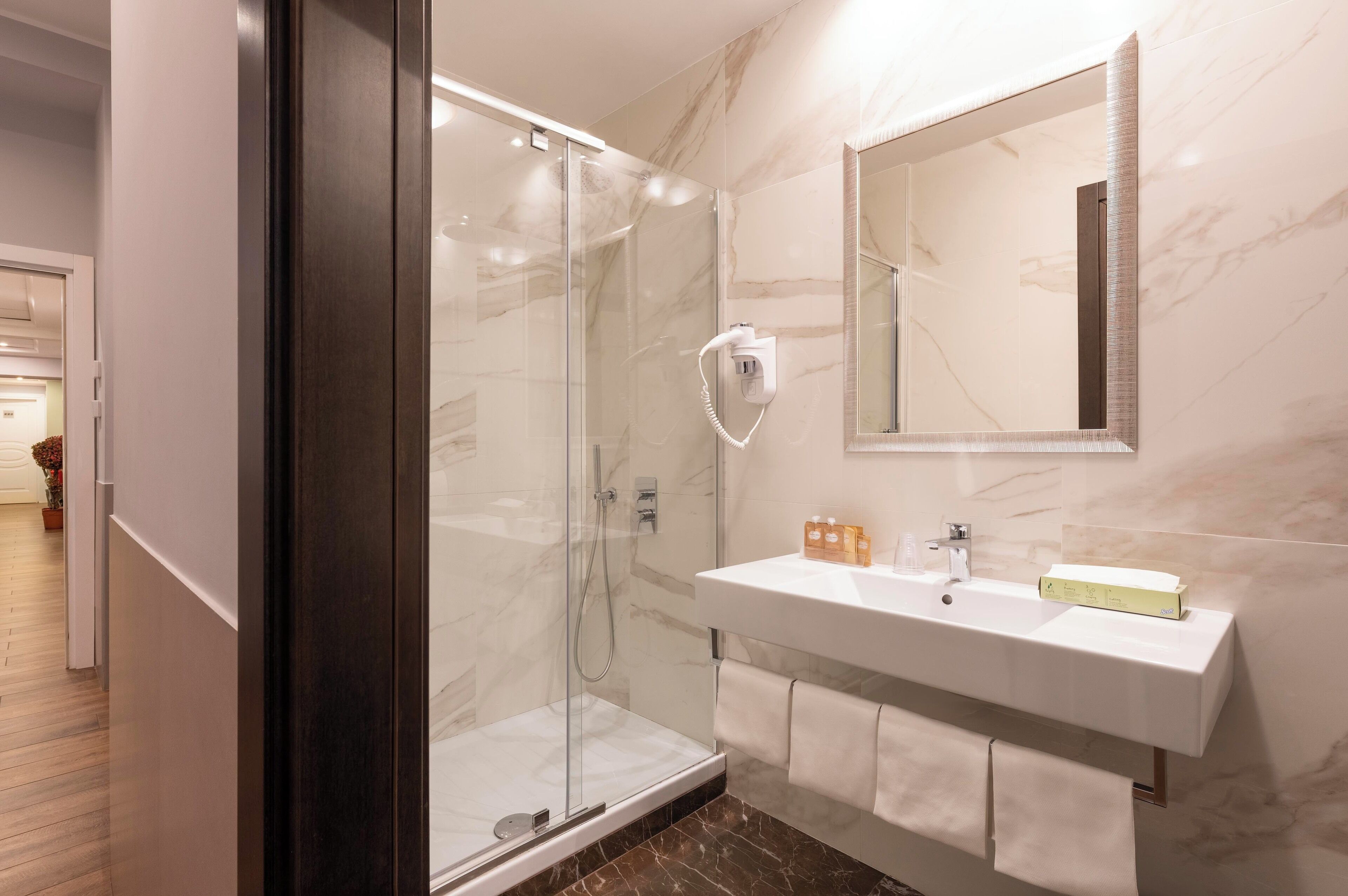 free toiletries, hair dryer, bidet, towels