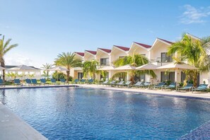 Outdoor pool, pool umbrellas, pool loungers