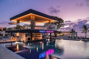 Outdoor pool, pool umbrellas, pool loungers